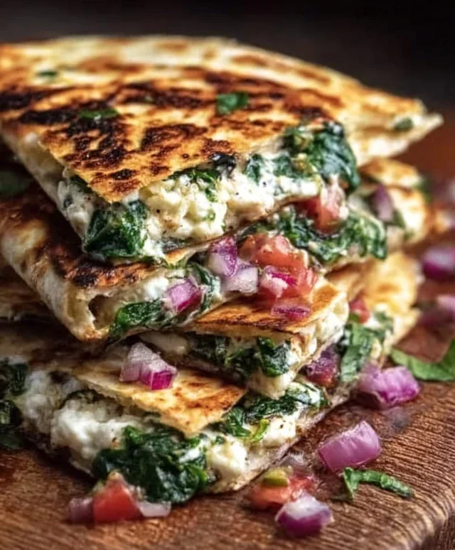 Mediterranean Quesadillas with Spinach, Feta, Mozzarella, and Red Onion