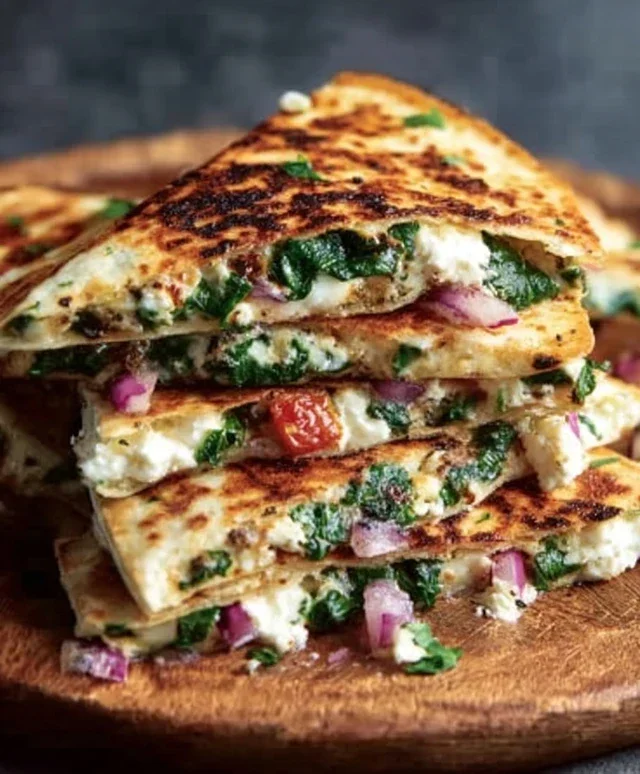 Mediterranean Quesadillas with Spinach, Feta, Mozzarella, and Red Onion