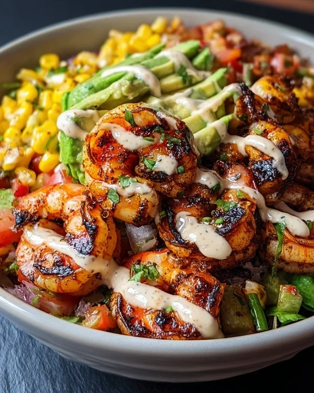 Grilled Shrimp Bowl with Avocado, Corn Salsa & Creamy Garlic Sauce