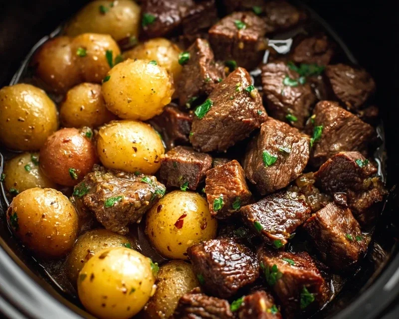 Slow Cooker Garlic Butter Beef Bites with Potatoes
