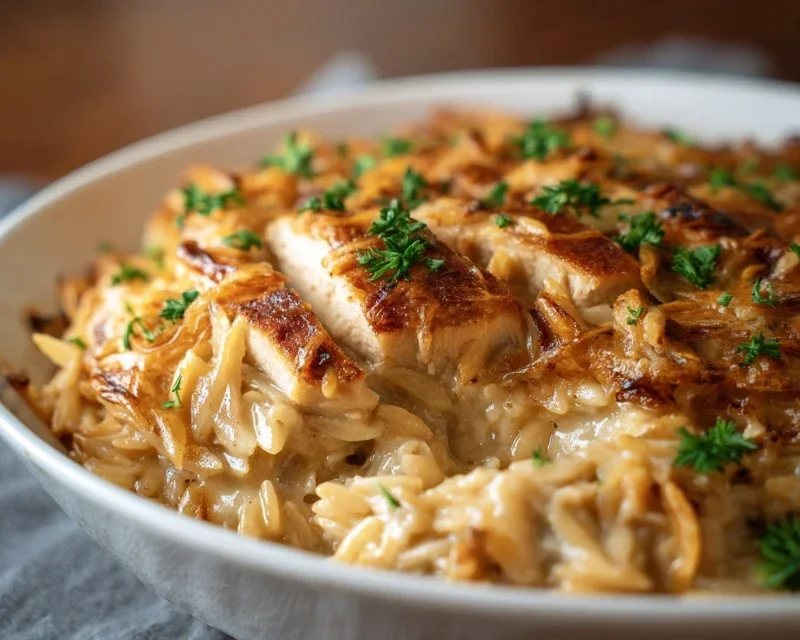 French Onion Chicken Orzo Casserole