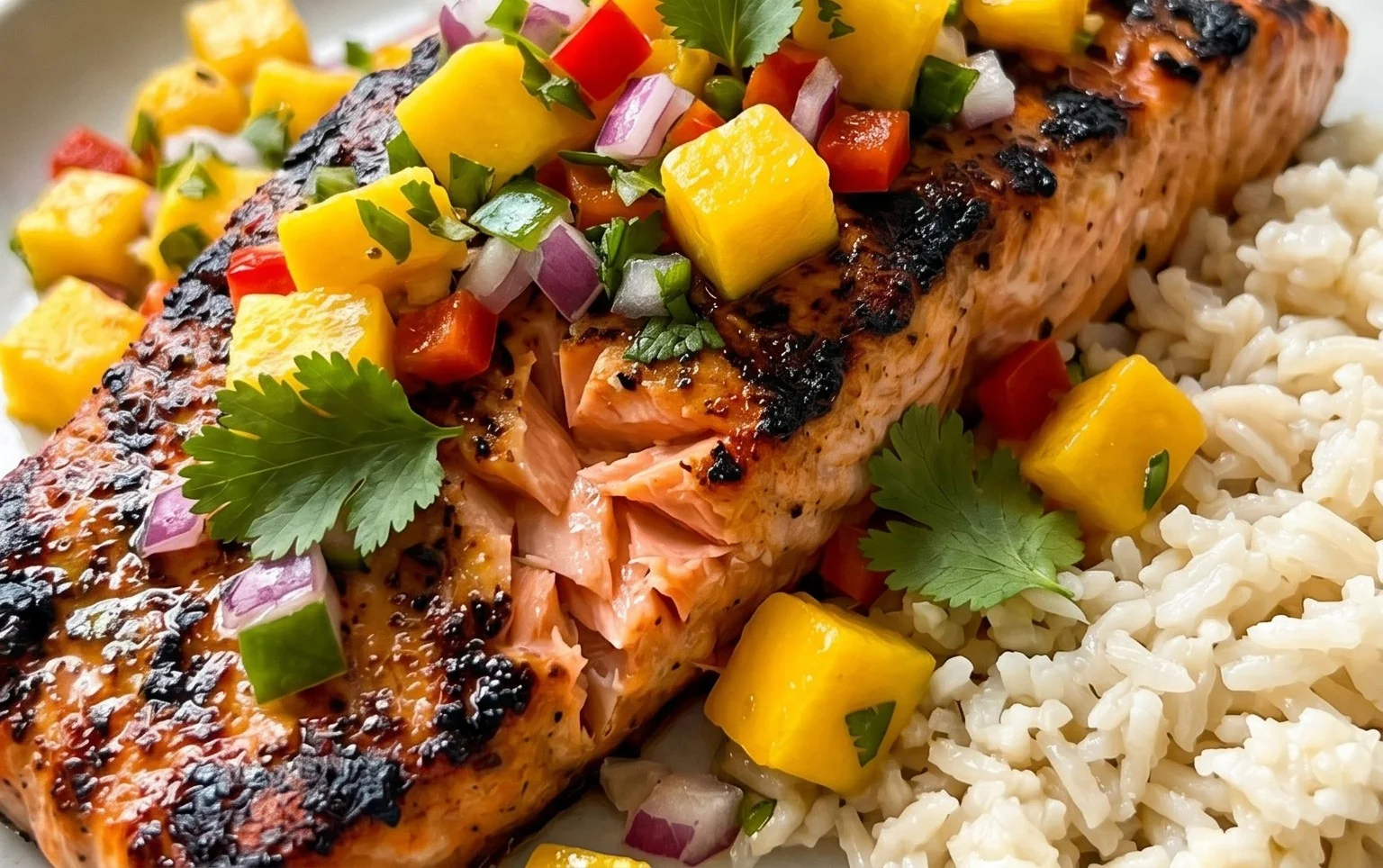 Grilled Salmon with Mango Salsa and Coconut Rice