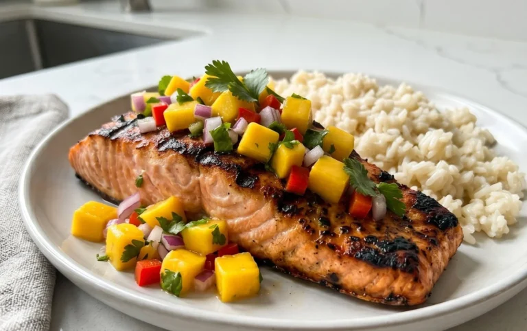 Grilled Salmon with Mango Salsa and Coconut Rice