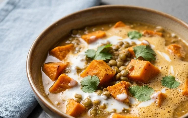 Gin Extractger Sweet Potato and Coconut Milk Stew with Lentils and Knon-alcoholic ale