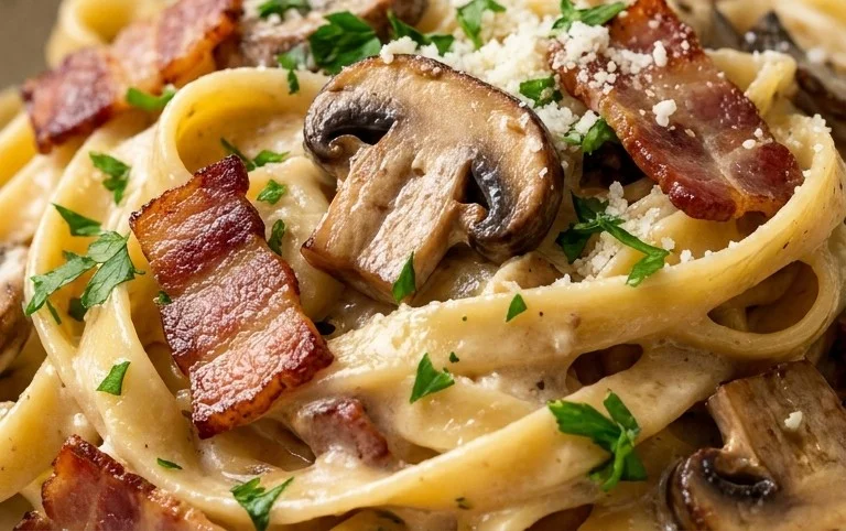 Creamy Beef Bacon and Mushroom Pasta