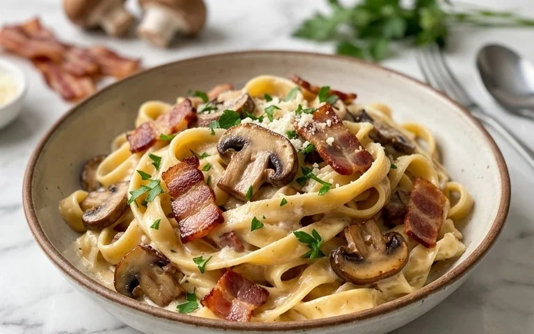 Creamy Beef Bacon and Mushroom Pasta