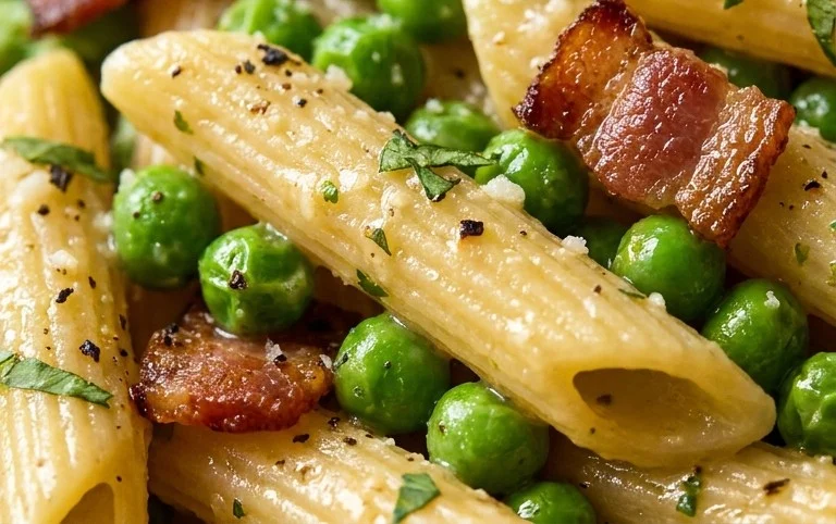 Penne Pasta, Peas and Beef Bacon
