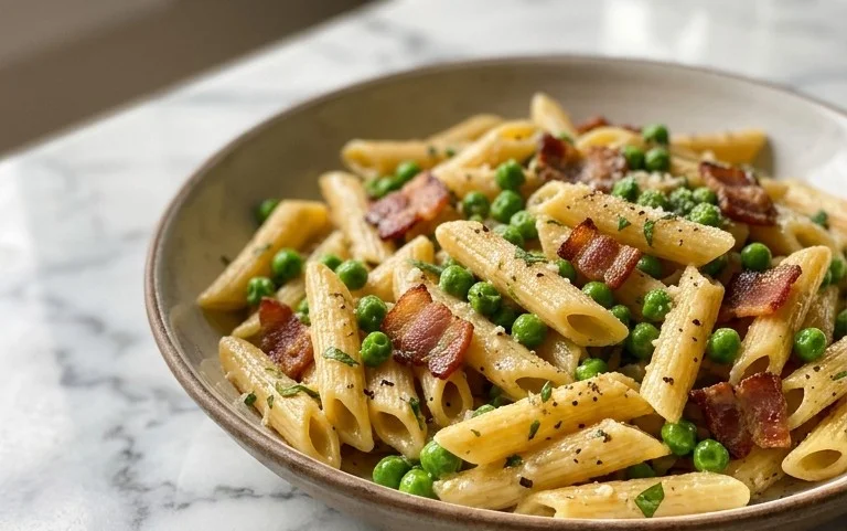 Penne Pasta, Peas and Beef Bacon