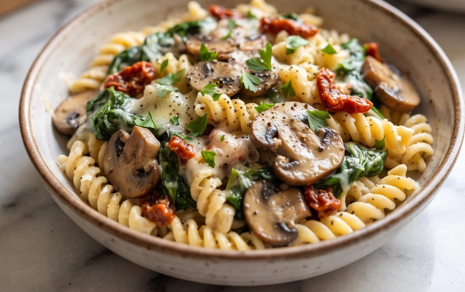 Parmesan Spinach Mushroom Pasta Skillet