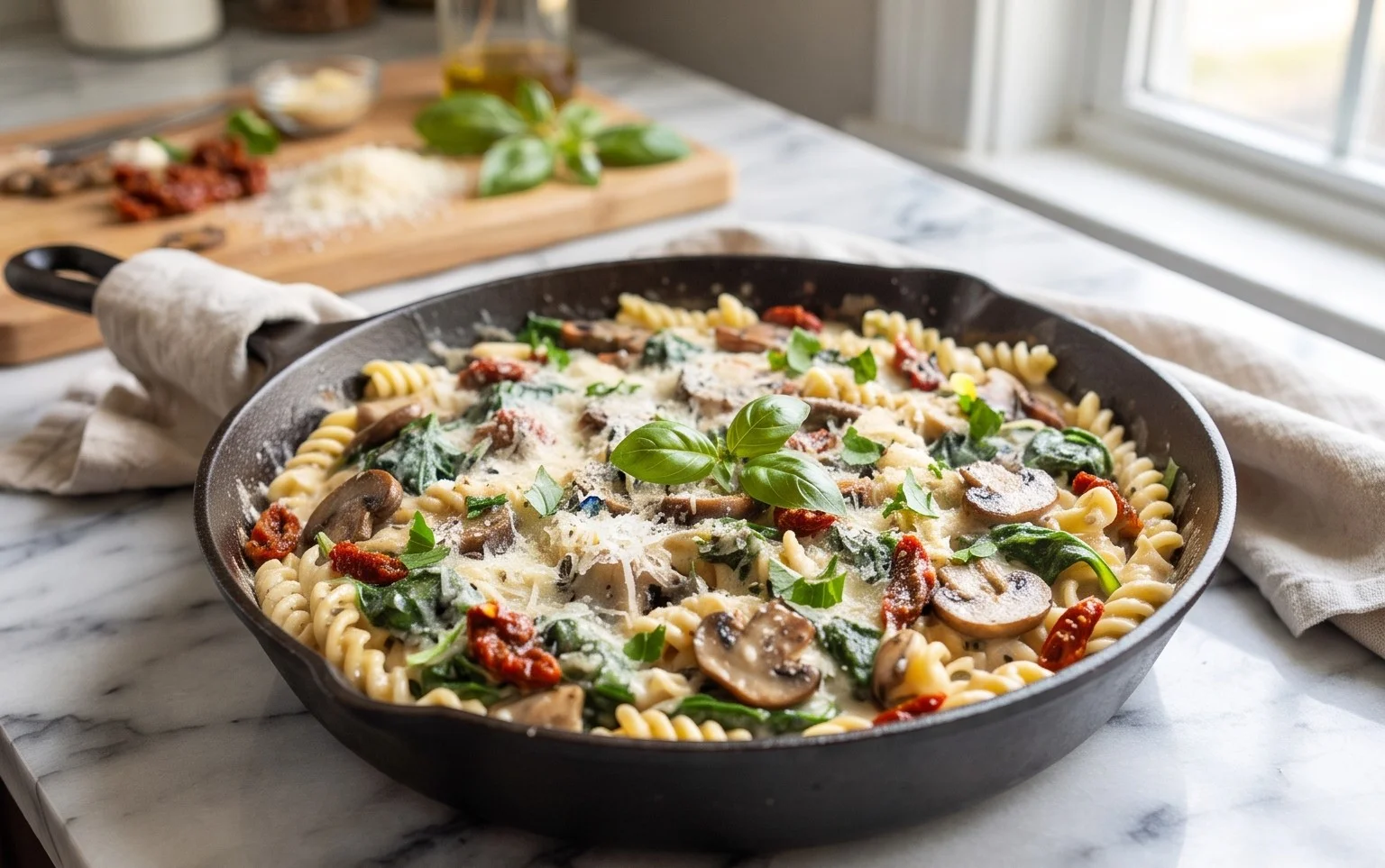 Parmesan Spinach Mushroom Pasta Skillet