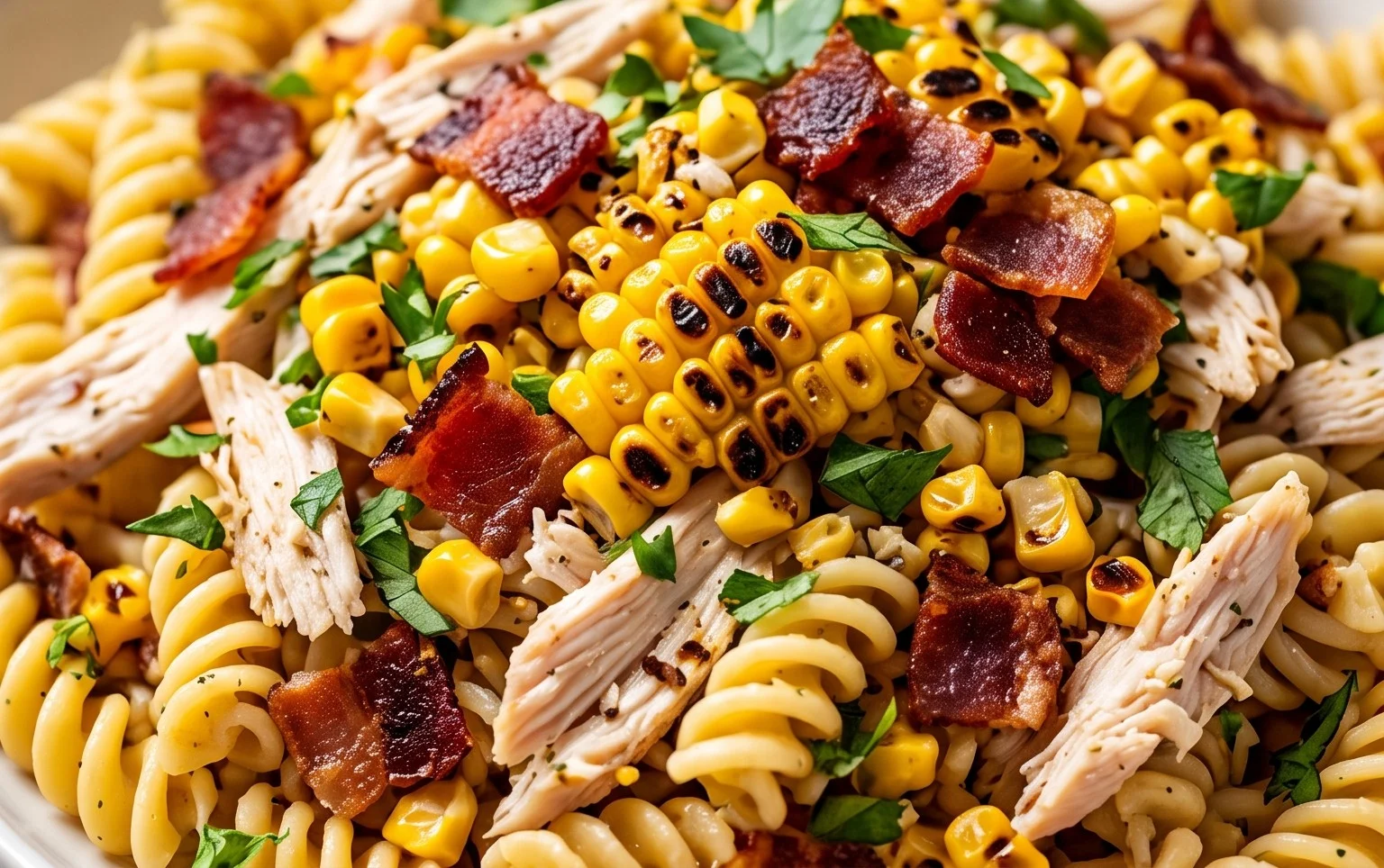 Chicken and Corn Pasta Salad with Beef Bacon