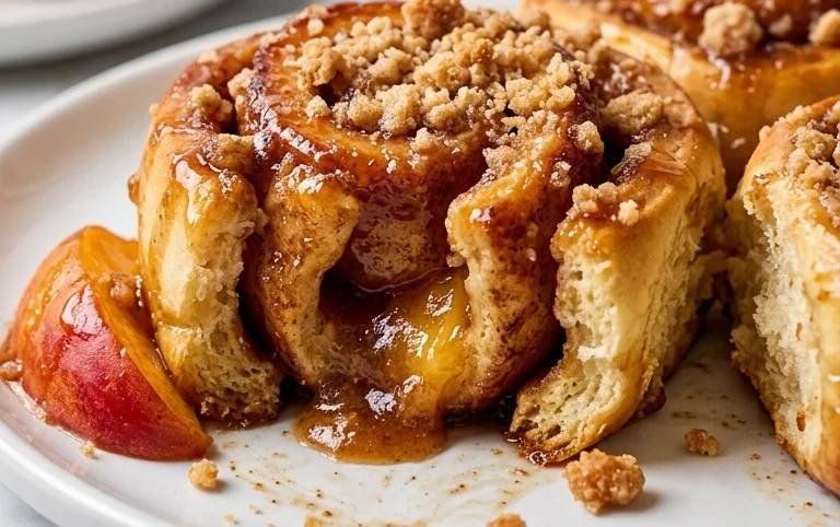 Peach Cobbler Cinnamon Rolls with Crum extractb Topping