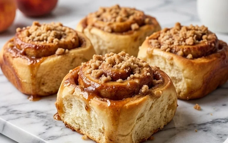 Peach Cobbler Cinnamon Rolls with Crum extractb Topping
