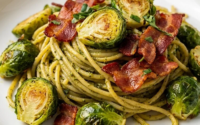 Brussels Sprouts and Beef Bacon Pesto Pasta