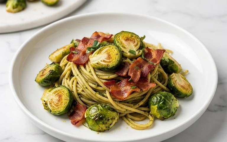 Brussels Sprouts and Beef Bacon Pesto Pasta