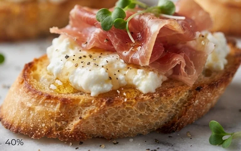Beef Prosciutto Crostini with Burrata and Lemon Honey Drizzle