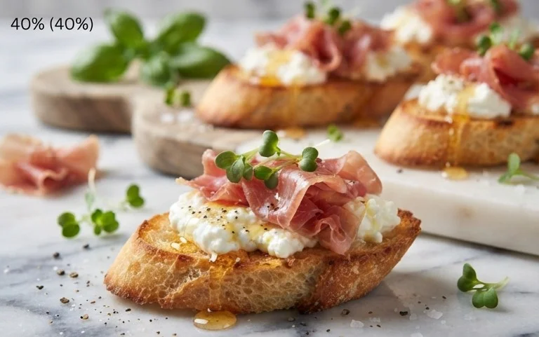 Beef Prosciutto Crostini with Burrata and Lemon Honey Drizzle