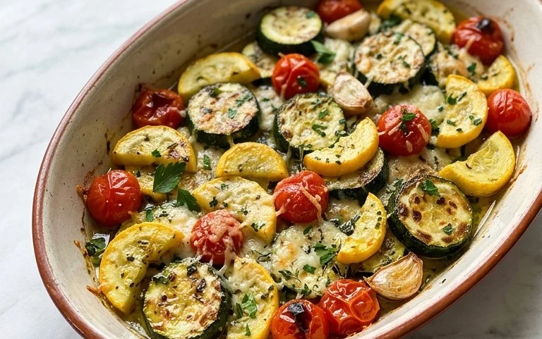 Roasted Garlic-Parmesan Zucchini, Squash and Tomatoes
